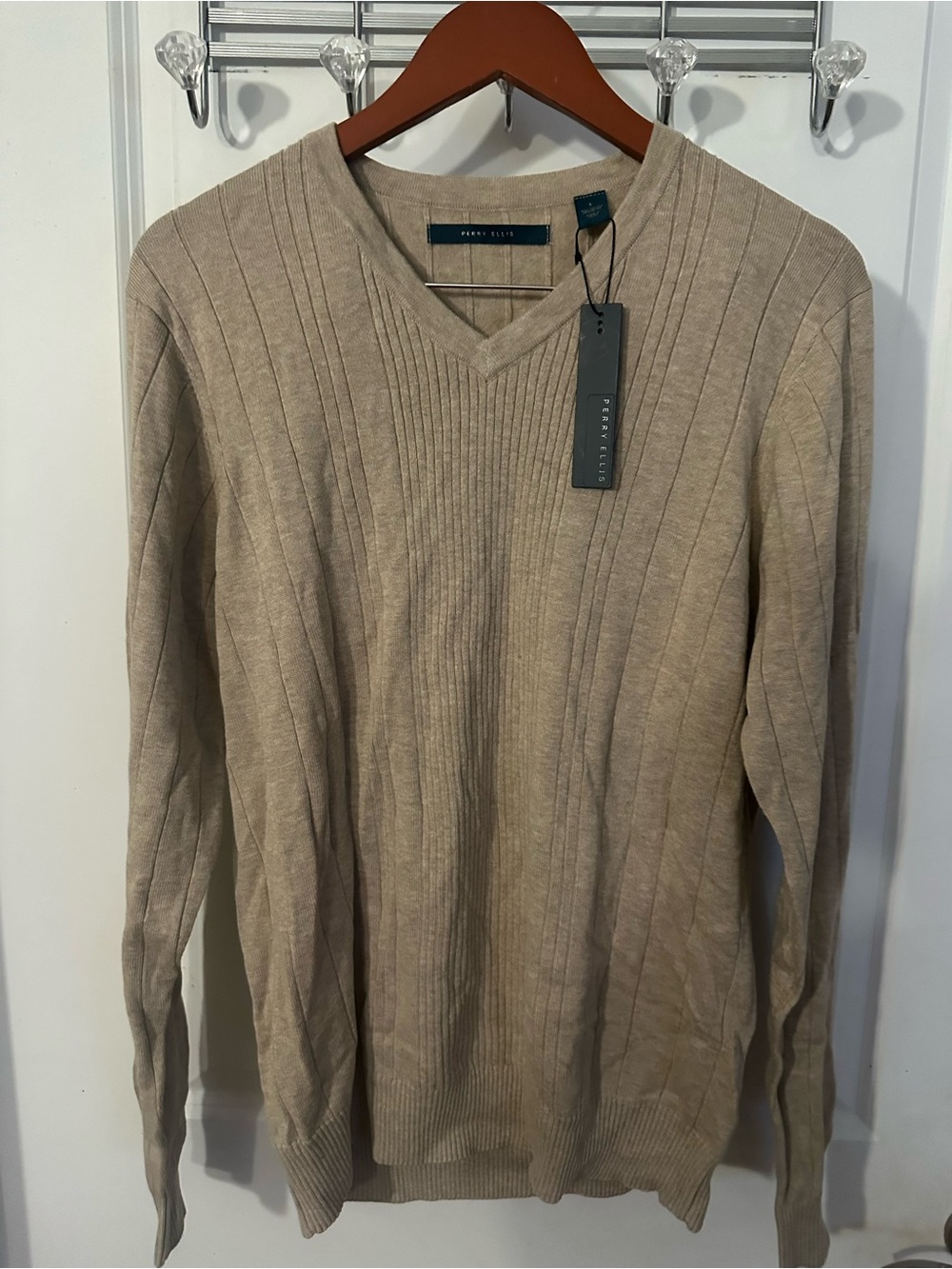 Perry Ellis Men's V-Neck Rib Knit Sweater in Taupe